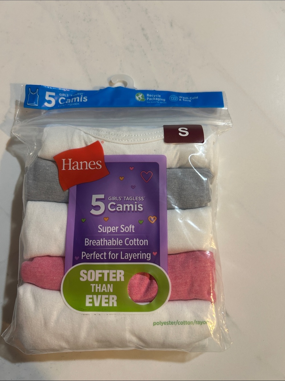 Hanes Girls' 5-Pack Camis - White, Gray, Pink